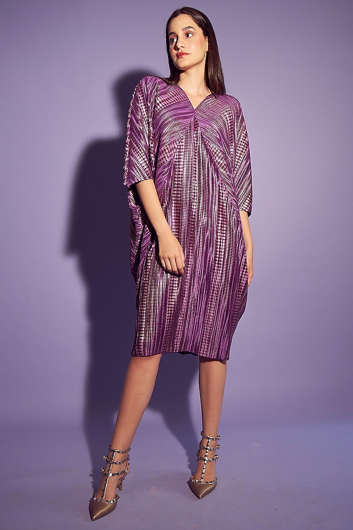 Metallic Purple Pleated Fabric Dress by Tasuvure