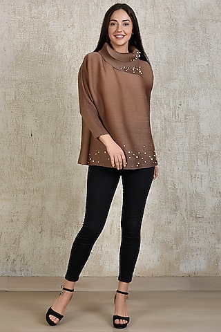 Brown Embellished Asymmetric Top by Tasuvure