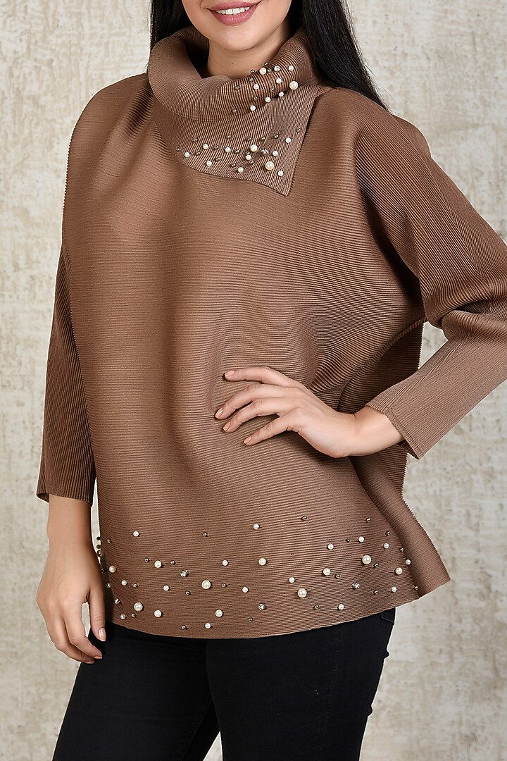 Brown Embellished Asymmetric Top by Tasuvure at Pernia's Pop Up Shop