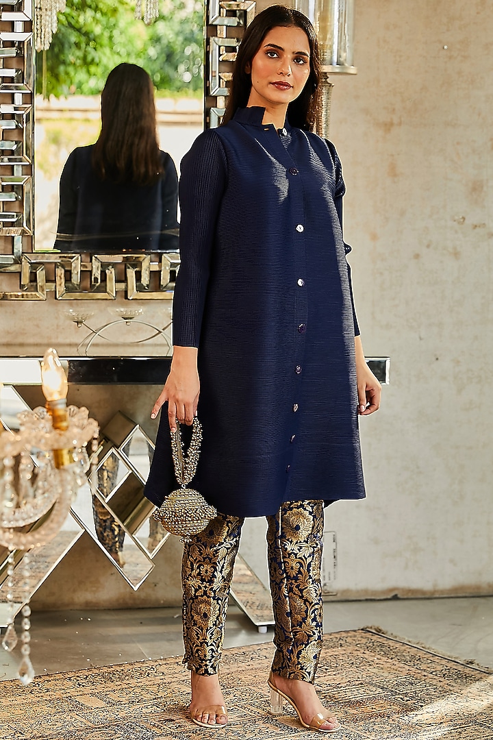 Dark Blue Pleated Polyester Tunic Set by Tasuvure Indes