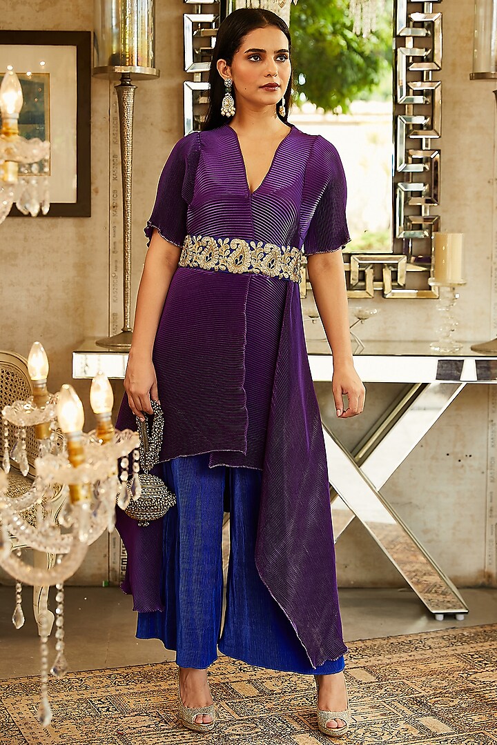 Purple Tunic Set In Pleated Polyester by Tasuvure Indes