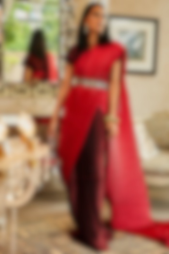 Wine & Red Pleated Polyester Gown Saree With Belt by Tasuvure Indes