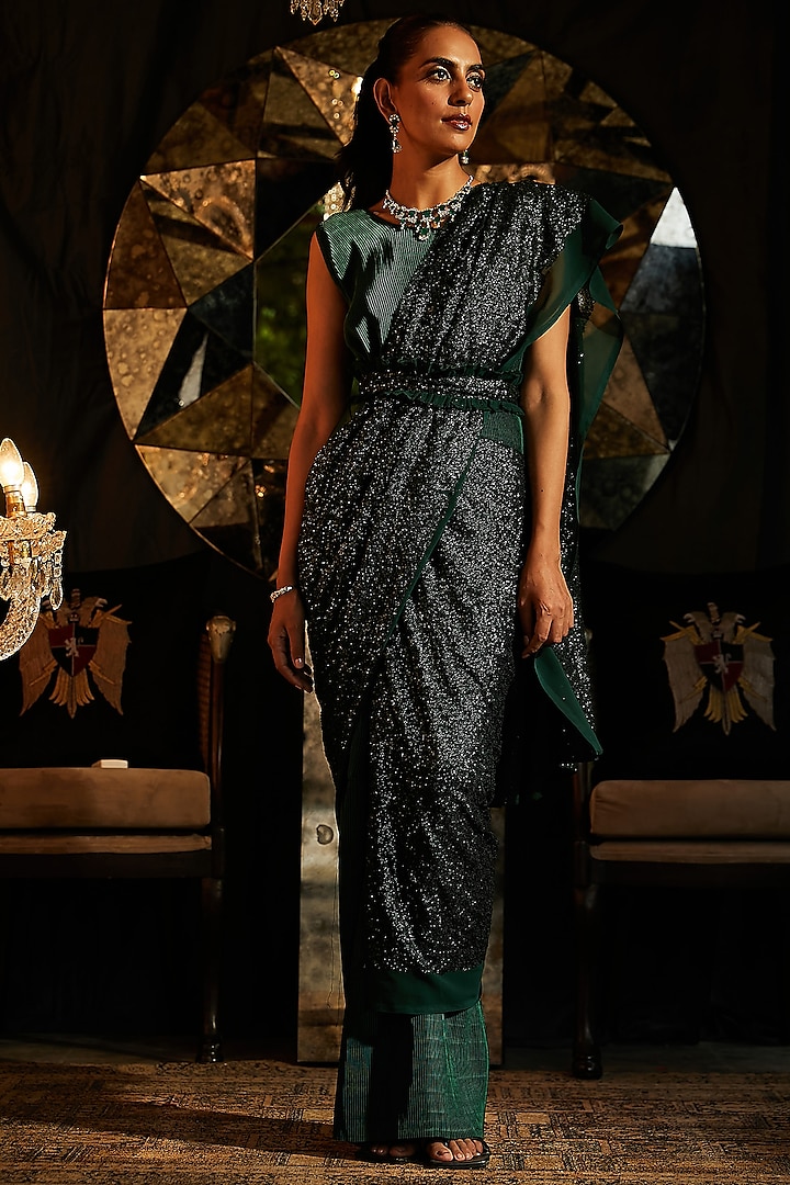 Emerald Green Pleated Polyester Gown Saree With Belt by Tasuvure Indes