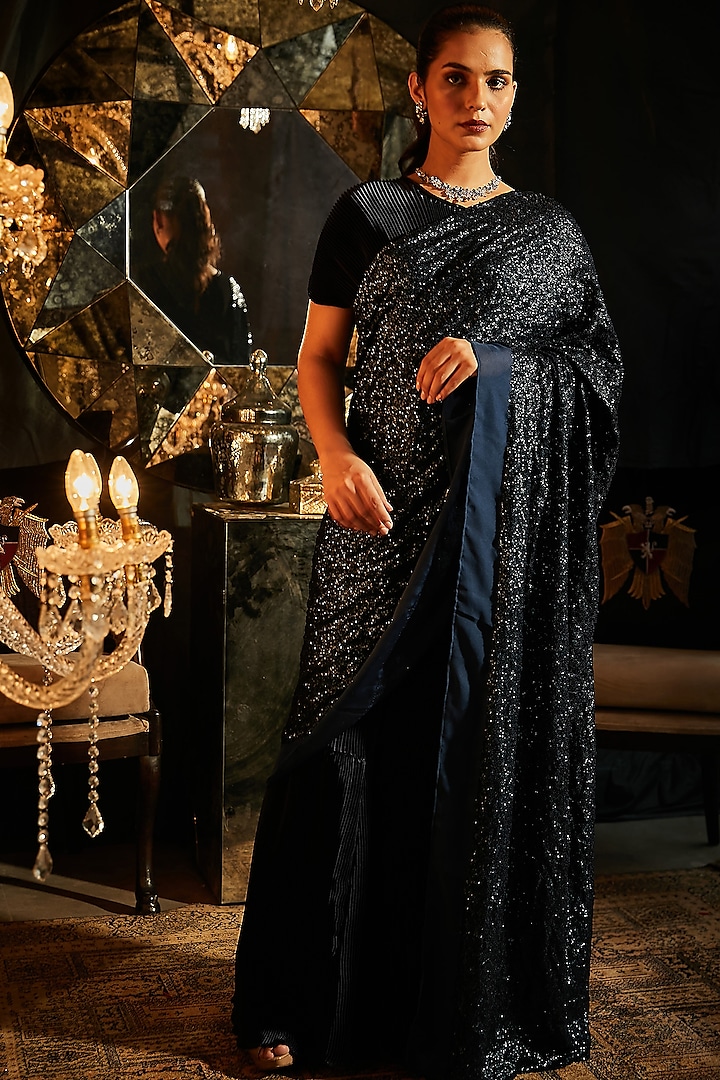 Midnight Blue Polyester Gown Saree by Tasuvure Indes