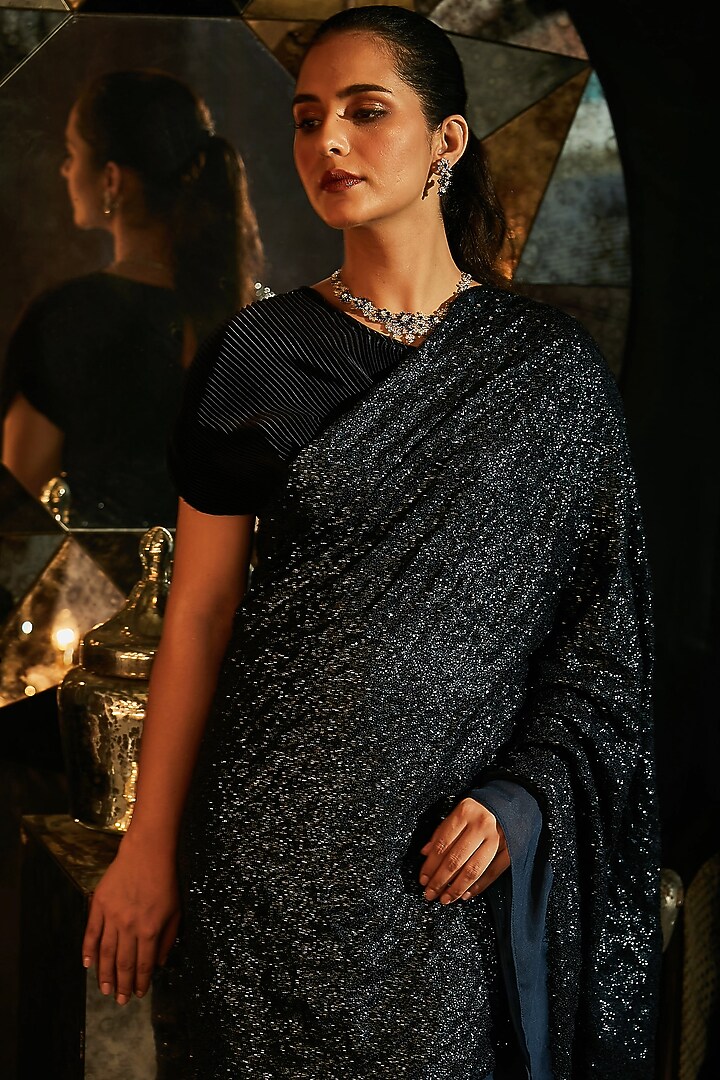 Midnight Blue Polyester Wedding Gown Saree by Tasuvure Indes at Pernia's Pop Up Shop