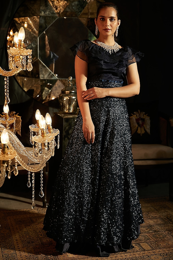 Midnight Blue Sequined Skirt Set by Tasuvure Indes