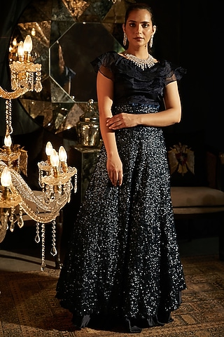 Midnight Blue Sequined Skirt Set by Tasuvure Indes
