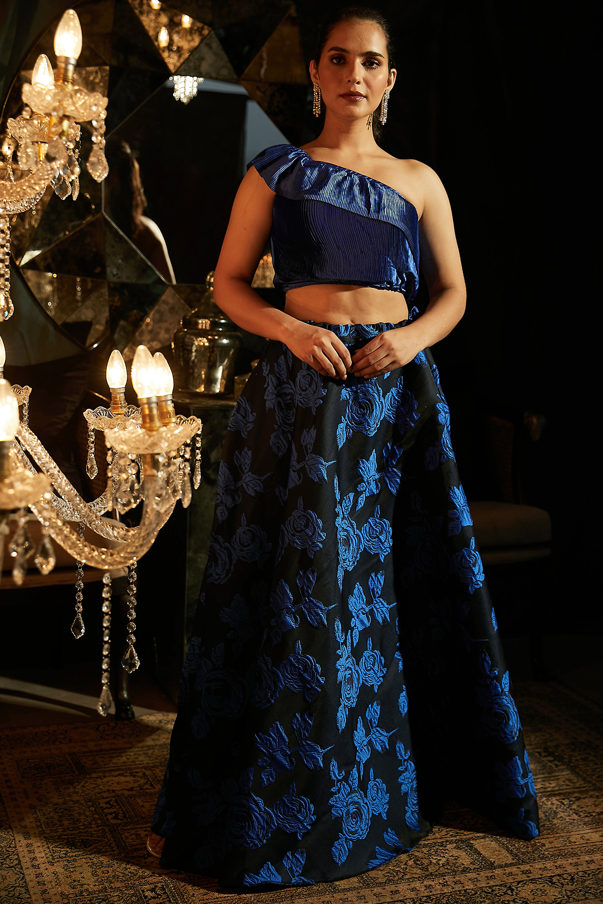 Admiral Blue Polyester Cocktail Skirt Set by Tasuvure Indes