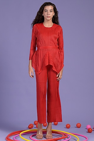 Red Pleated Polyester Peplum Co-Ord Set by Tasuvure