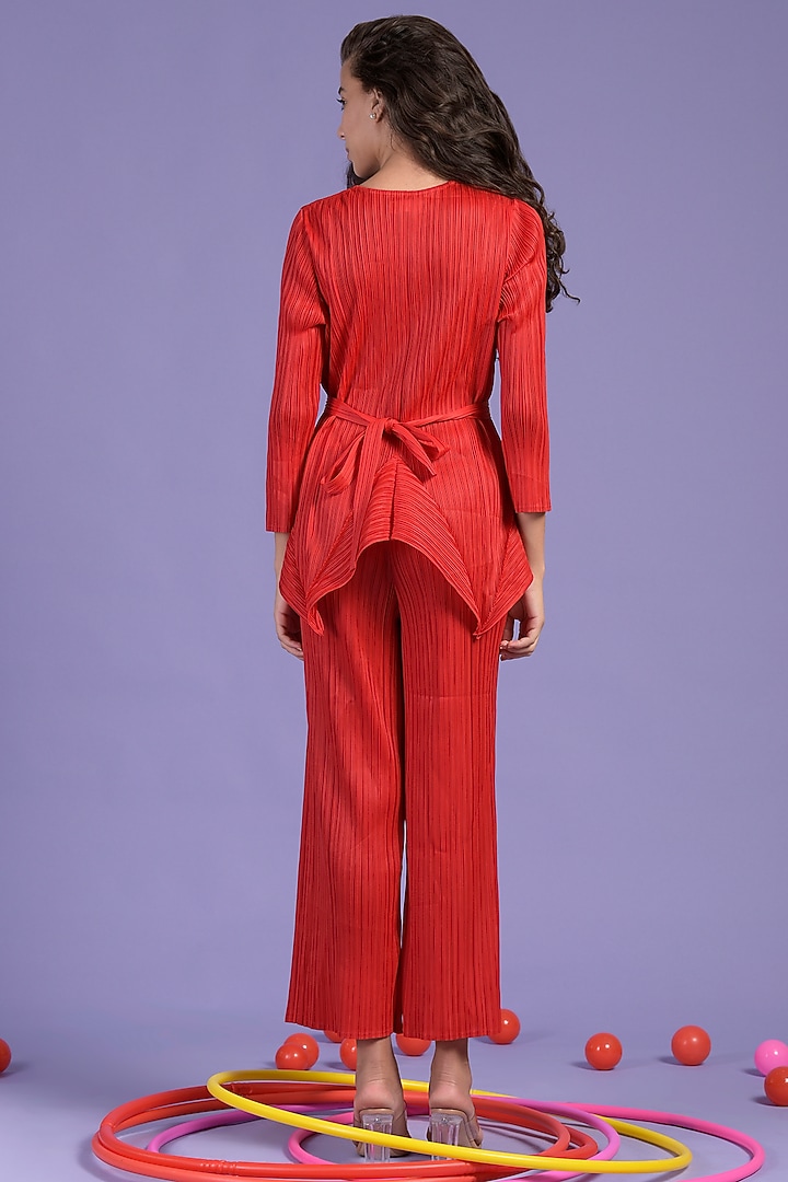 Red Pleated Polyester Peplum Co-Ord Set by Tasuvure at Pernia's Pop Up Shop
