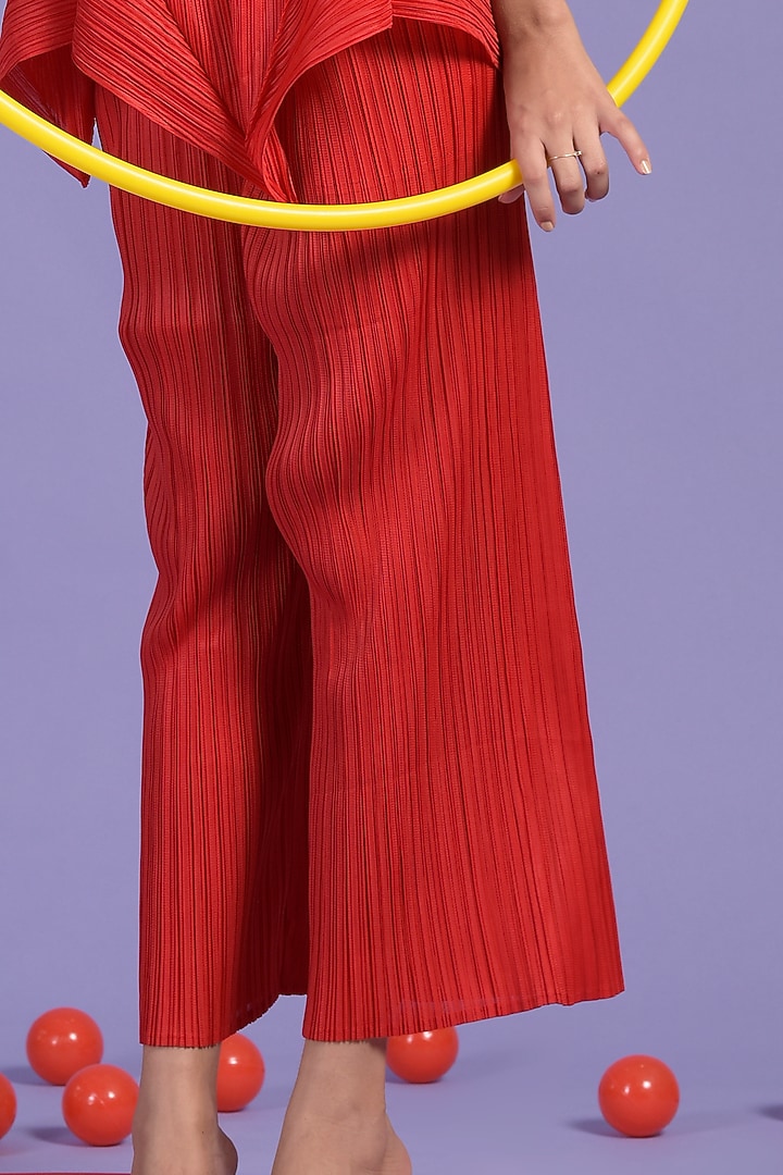Red Pleated Polyester Peplum Co-Ord Set by Tasuvure at Pernia's Pop Up Shop