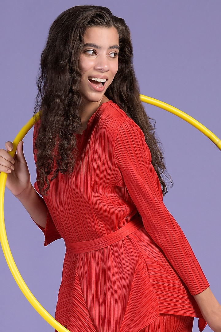 Red Pleated Polyester Peplum Co-Ord Set by Tasuvure at Pernia's Pop Up Shop