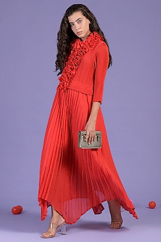 Red Pleated Fabric Ruffled Flared Dress by Tasuvure