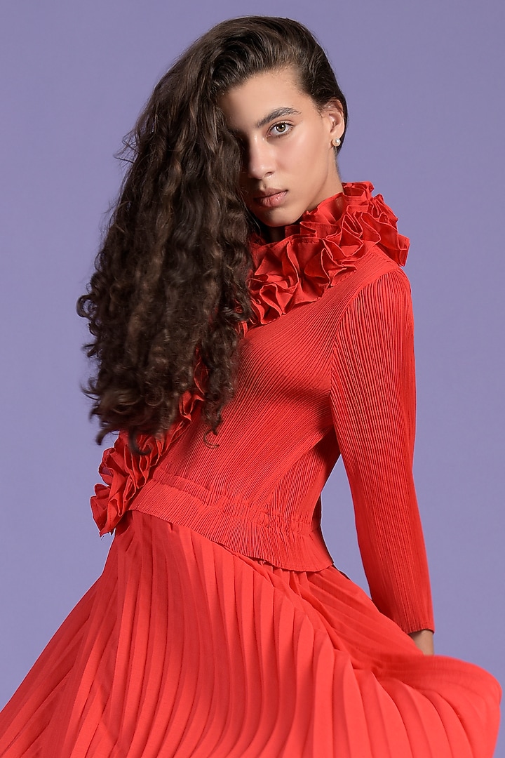 Red Pleated Fabric Ruffled Flared Summer Dress by Tasuvure at Pernia's Pop Up Shop