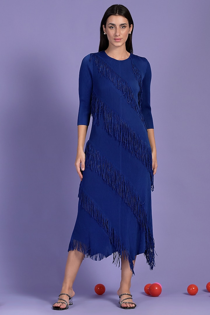 Electric Blue Pleated Fabric Dress by Tasuvure