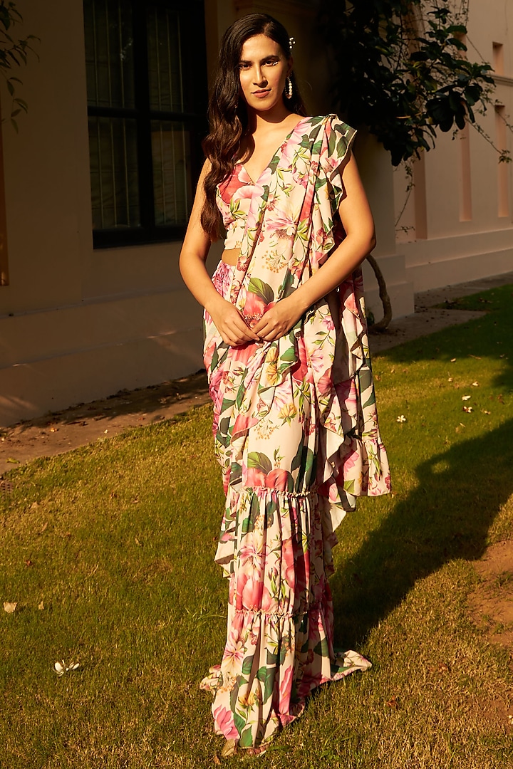 Multi-Colored Georgette Floral Printed Tiered Ruffle Lehenga Saree Set by Tasuvure Indes at Pernia's Pop Up Shop