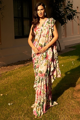 Multi-Colored Georgette Floral Printed Tiered Ruffle Lehenga Saree Set by Tasuvure Indes