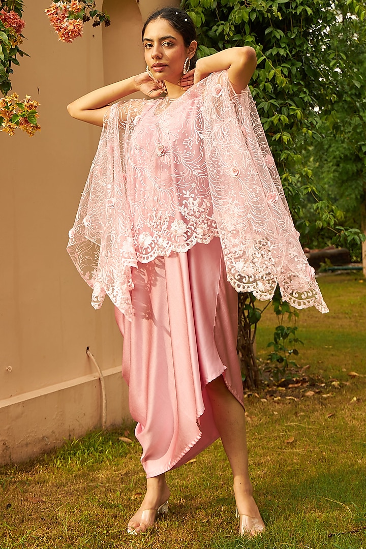 Blush Pink Satin Silk & Net Floral Embroidered Jacket Dress by Tasuvure Indes at Pernia's Pop Up Shop