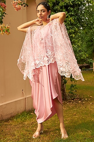 Blush Pink Satin Silk & Net Floral Embroidered Jacket Dress by Tasuvure Indes