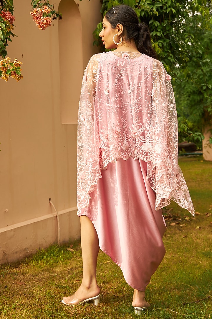 Blush Pink Satin Silk & Net Floral Embroidered Jacket Vacation Dress by Tasuvure Indes at Pernia's Pop Up Shop