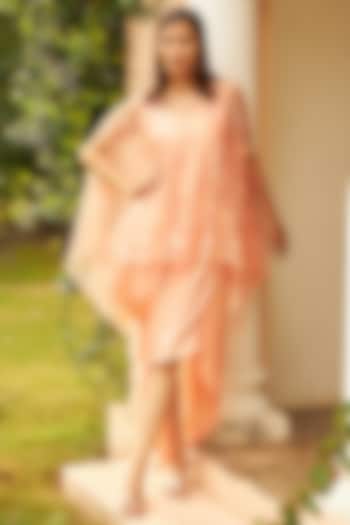 Peach Satin Silk & Net Floral Embroidered Jacket Vacation Dress by Tasuvure Indes at Pernia's Pop Up Shop