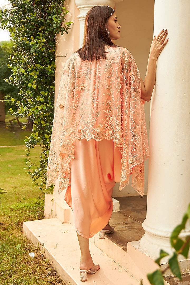 Peach Satin Silk & Net Floral Embroidered Jacket Vacation Dress by Tasuvure Indes at Pernia's Pop Up Shop