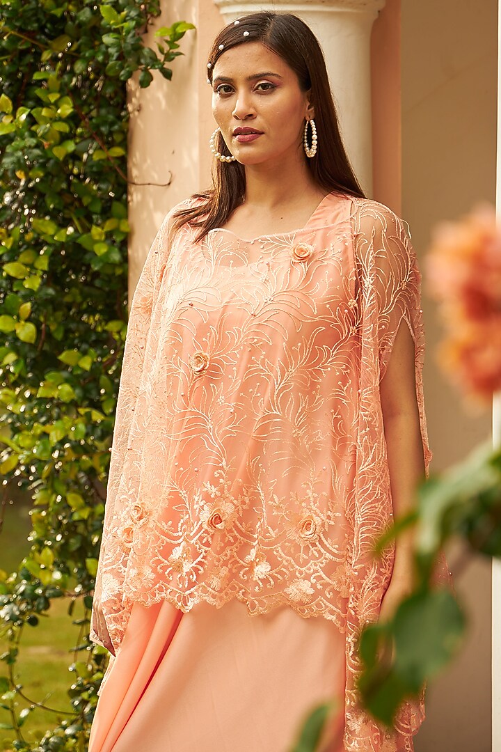 Peach Satin Silk & Net Floral Embroidered Jacket Vacation Dress by Tasuvure Indes at Pernia's Pop Up Shop