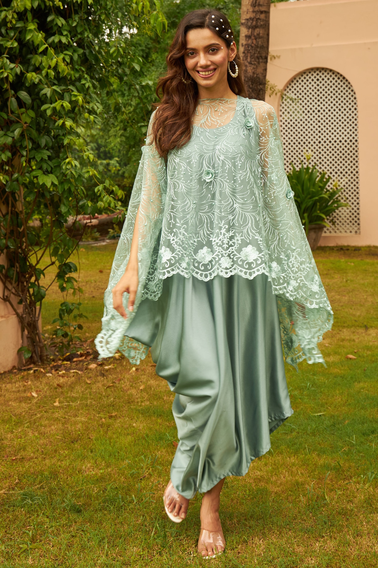 Green Satin Silk Net Floral Embroidered Jacket Dress by Tasuvure Indes at Pernia s Pop Up Shop