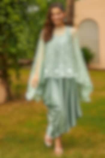 Green Satin Silk & Net Floral Embroidered Jacket Vacation Dress by Tasuvure Indes at Pernia's Pop Up Shop