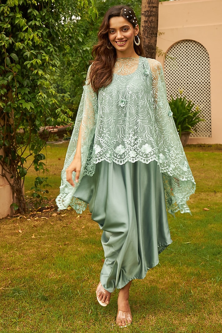 Green Satin Silk & Net Floral Embroidered Jacket Vacation Dress by Tasuvure Indes at Pernia's Pop Up Shop
