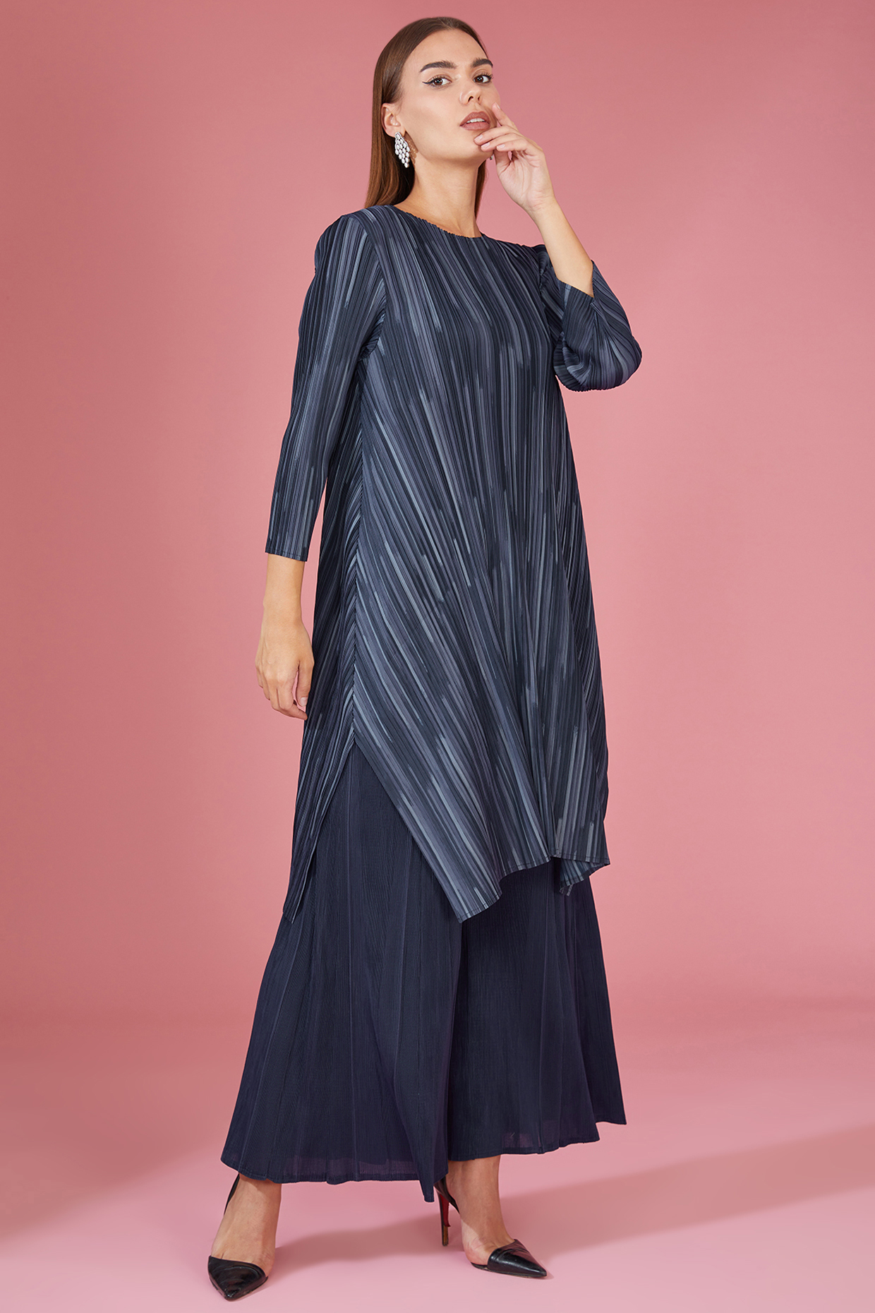 Blue Pleated Polyester Chevron A-Line Tunic Set by Tasuvure Indes at Pernia's Pop Up Shop
