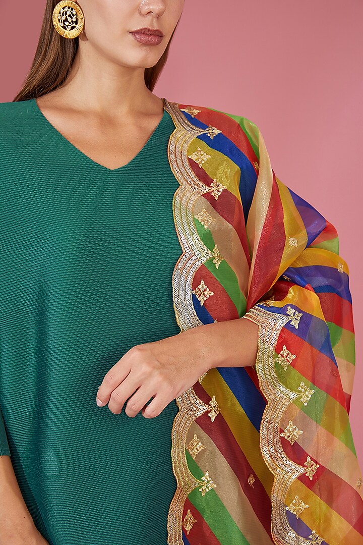 Green Pleated Polyester Tunic Set by Tasuvure Indes at Pernia's Pop Up Shop