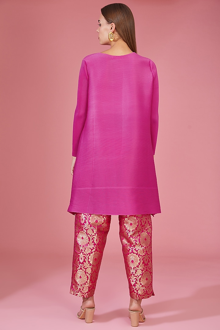Magenta Pink Pleated Polyester A-Line Tunic Set by Tasuvure Indes at Pernia's Pop Up Shop