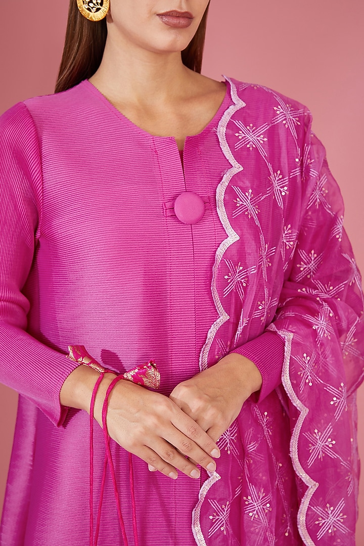 Magenta Pink Pleated Polyester A-Line Tunic Set by Tasuvure Indes at Pernia's Pop Up Shop