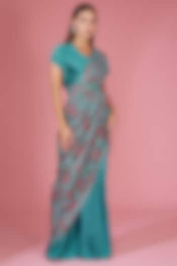 Blue Pleated Fabric Sequins Embellished Gown Saree by Tasuvure Indes