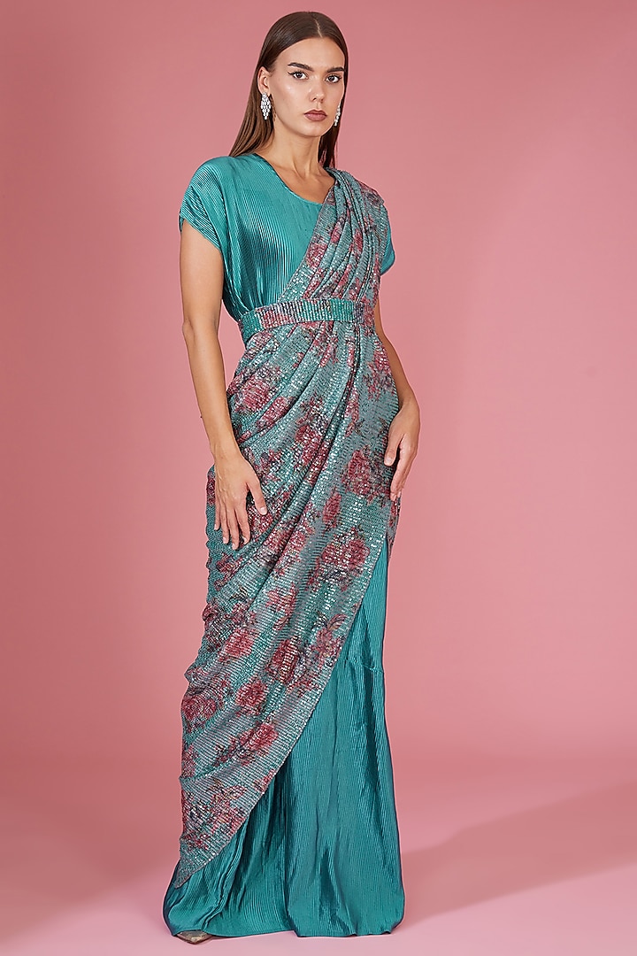 Blue Pleated Fabric Sequins Embellished Gown Saree by Tasuvure Indes