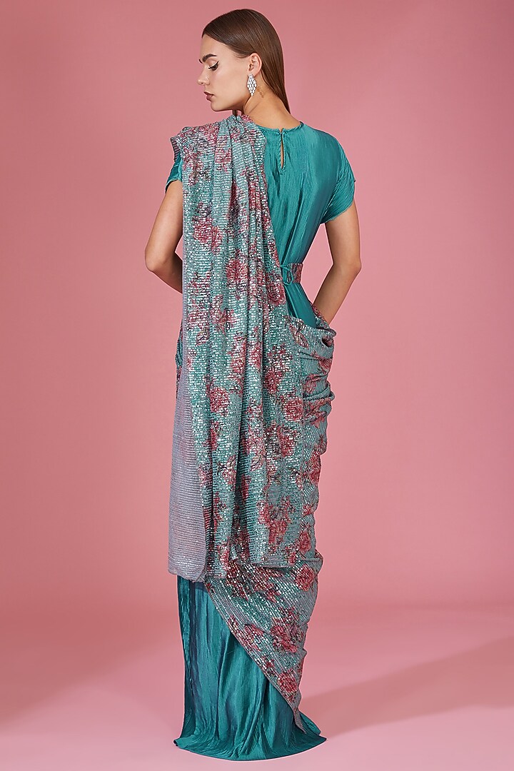 Blue Pleated Fabric Sequins Embellished Party Wear Gown Saree by Tasuvure Indes at Pernia's Pop Up Shop