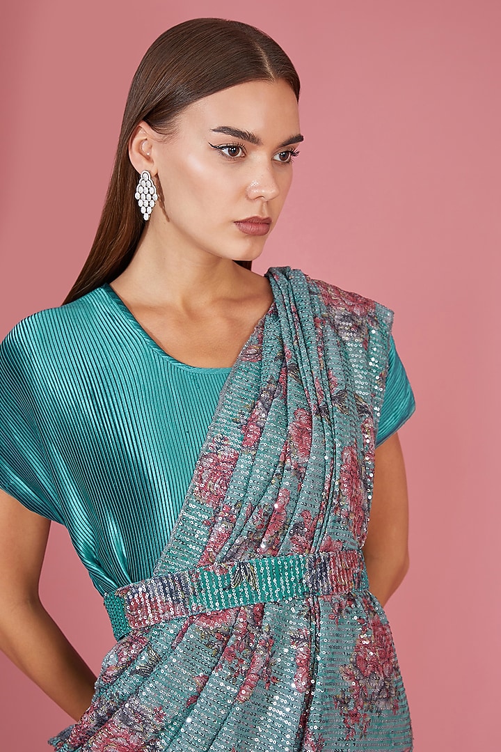 Blue Pleated Fabric Sequins Embellished Party Wear Gown Saree by Tasuvure Indes at Pernia's Pop Up Shop
