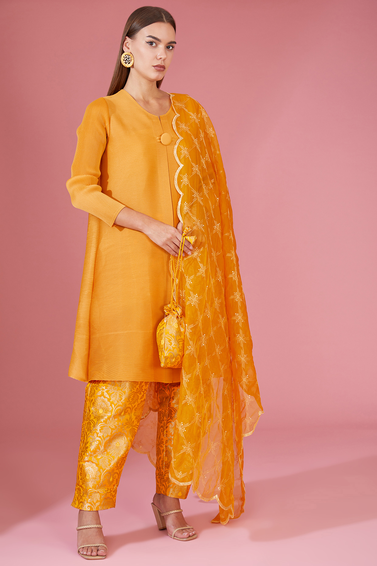 Yellow Pleated Polyester A-Line Tunic Set by Tasuvure Indes at Pernia's Pop Up Shop