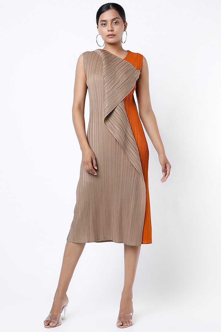 Beige Pleated Polyester Pencil Flap Dress by Tasuvure