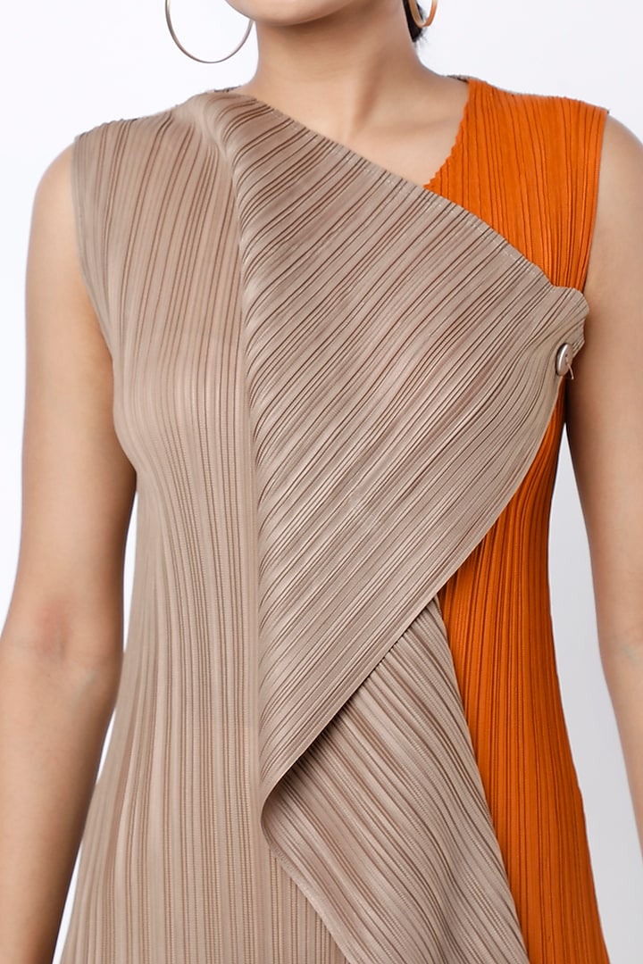 Beige Pleated Polyester Pencil Flap Summer Dress by Tasuvure at Pernia's Pop Up Shop