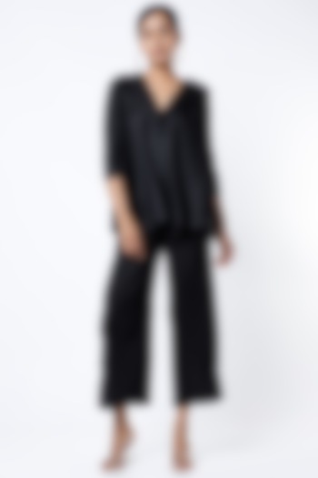 Black Pleated Polyester Co-Ord Set by Tasuvure at Pernia's Pop Up Shop