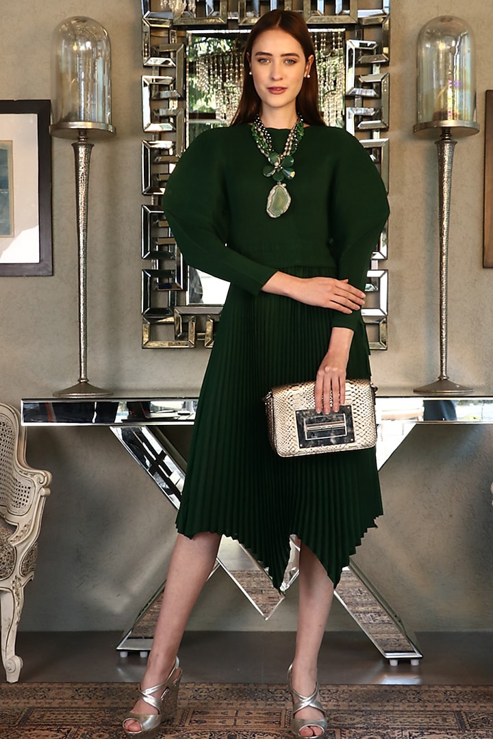 Green Pleated Flared Dress by Tasuvure