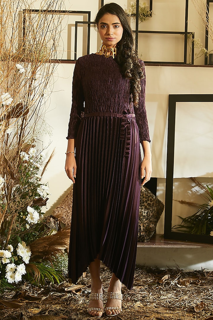 Purple Pleated Polyester Dress by Tasuvure