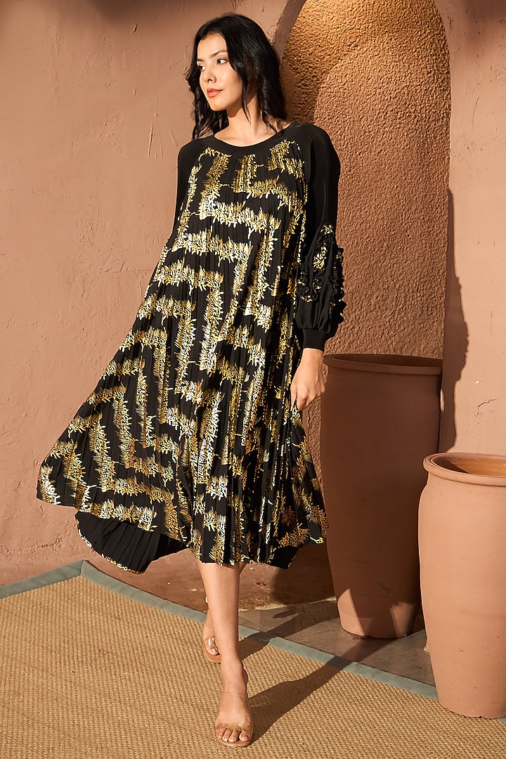 Black & Gold Metallic Pleated Fabric Embellished Midi Summer Dress by Tasuvure at Pernia's Pop Up Shop