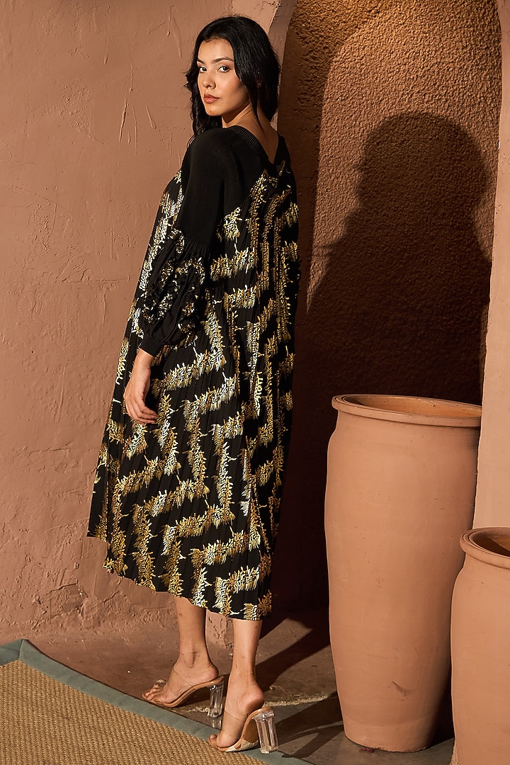 Black & Gold Metallic Pleated Fabric Embellished Midi Summer Dress by Tasuvure at Pernia's Pop Up Shop