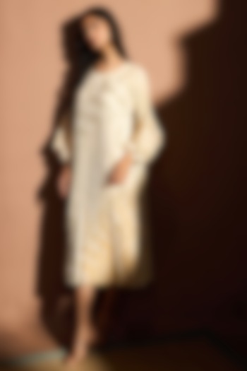 Ivory & Gold Metallic Pleated Fabric Embellished Midi Summer Dress by Tasuvure at Pernia's Pop Up Shop