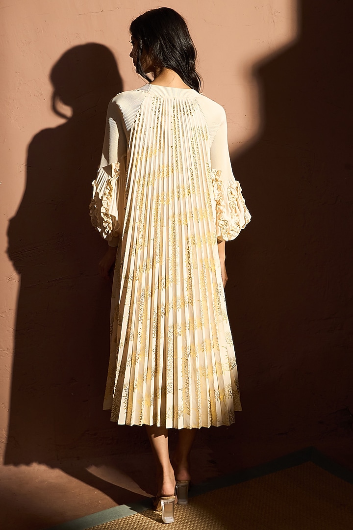 Ivory & Gold Metallic Pleated Fabric Embellished Midi Summer Dress by Tasuvure at Pernia's Pop Up Shop