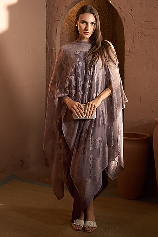 Purple Sandwash Satin & Organza Jacket Dress by Tasuvure