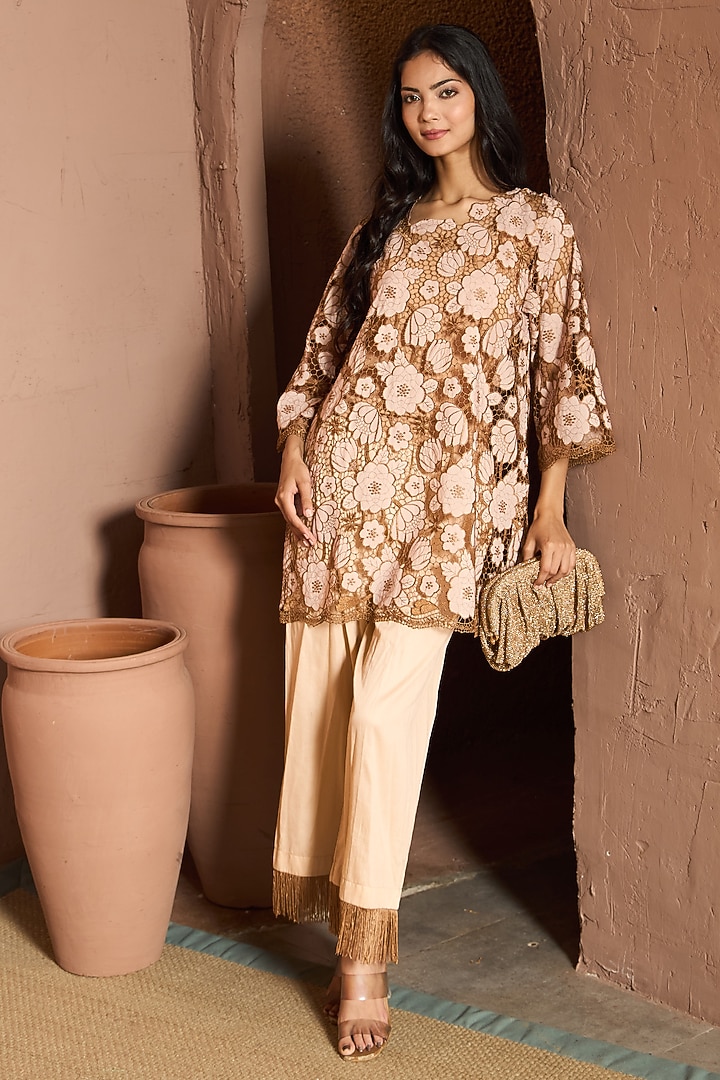 Beige & Brown Cotton Lace Co-Ord Set by Tasuvure at Pernia's Pop Up Shop